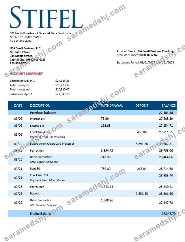 Stifel Financial Bank firm statement Word and PDF template